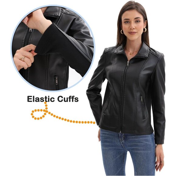 Women Black Faux Leather Motorcycle Jacket Zip Up Trendy Going Out Coat - Picture 4 of 6